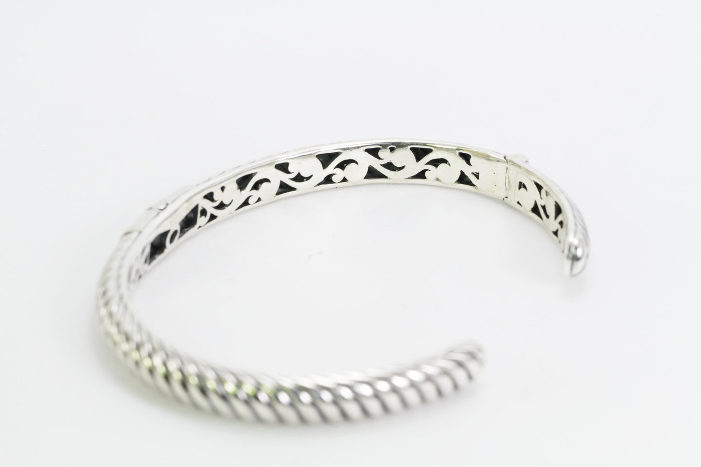 925 sterling silver Hinged Cuff Bangle Bracelet 7.5" inch decorated with cable style and cross carving art