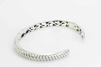 925 sterling silver Hinged Cuff Bangle Bracelet 7.5" inch decorated with cable style and cross carving art