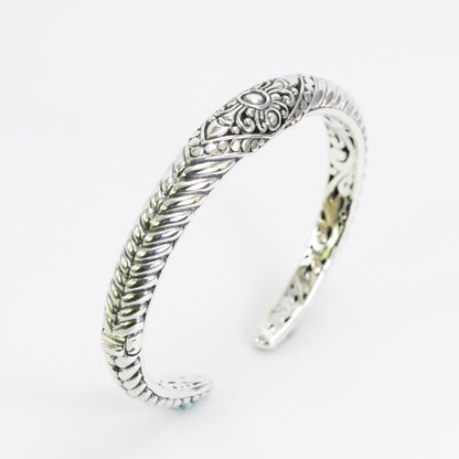 Hinged Cuff Bangle Bracelet 925 sterling silver 7.5" inch decorated with Bali swirl filigree crown ornament art