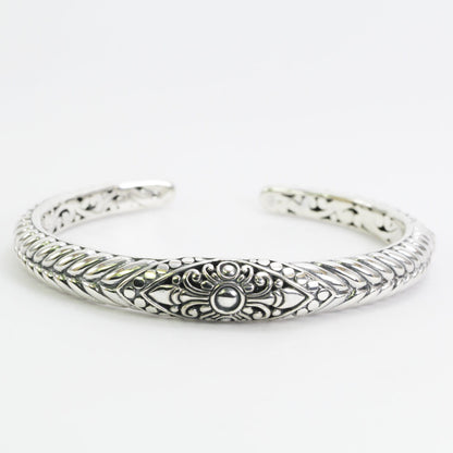 Hinged Cuff Bangle Bracelet 925 sterling silver 7.5" inch decorated with Bali swirl filigree crown ornament art