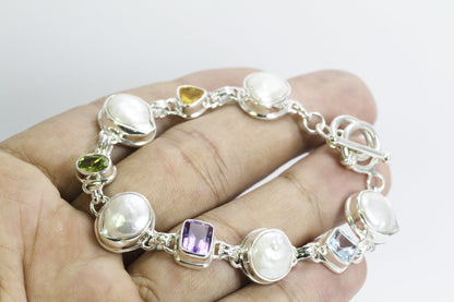 link bracelet 925 sterling silver with multi gems stone and natural Baroque Biwa Pearl with toggle lock
