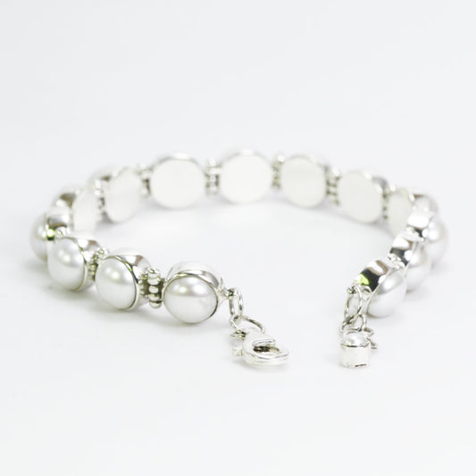 pearl bracelet 925 sterling silver 7.5-8" inch with genuine 9 mm fresh water pearl set in , lobster clasp lock