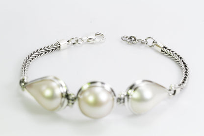 mabe pearl bracelet set in Handmade foxtail chain bracelet 7.5-8" inch 925 sterling silver and lobster clasp