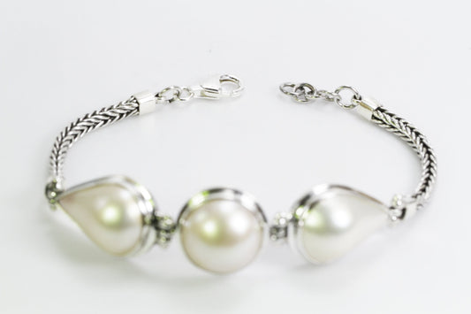 mabe pearl bracelet set in Handmade foxtail chain bracelet 7.5-8" inch 925 sterling silver and lobster clasp