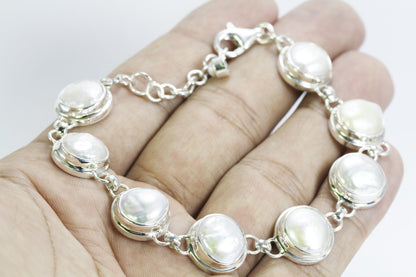 link bracelet 7.5"-8.5" inch with natural Baroque Biwa Pearl set in 925 sterling silver with lobster claw