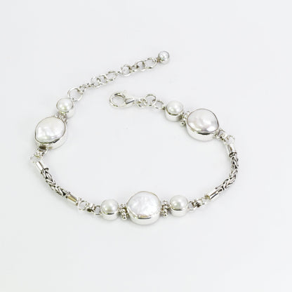 Byzantine chain bracelet 7.5"-9" inch with natural Baroque Biwa Pearl set in 925 sterling silver with lobster claw
