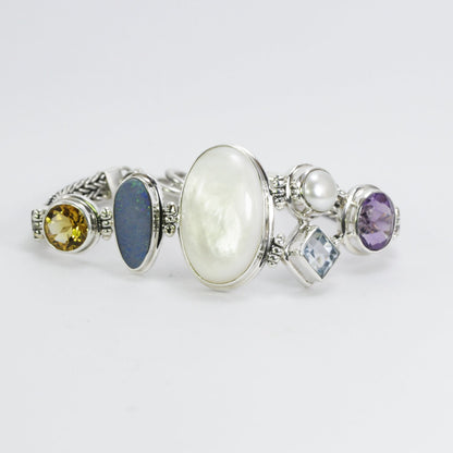 Multi Gems stones bracelet 7" inch 925 sterling silver foxtail chain