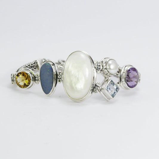 Multi Gems stones bracelet 7" inch 925 sterling silver foxtail chain
