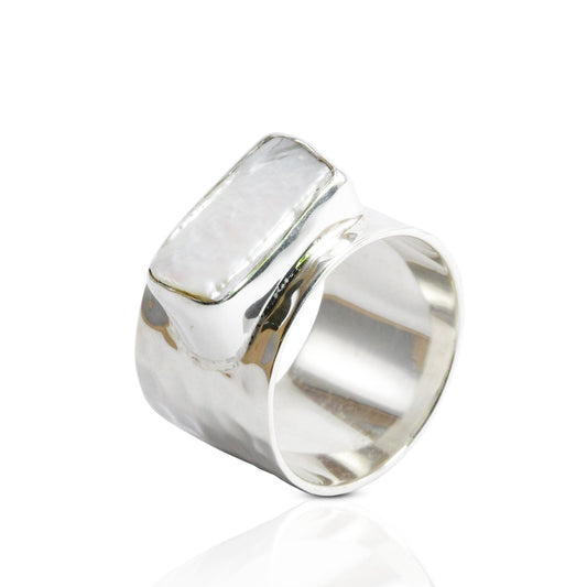 Solid Wide band ring with Natural Biwa Pearl bezel set 925 sterling silver decorated with hummer style, octagon biwa pearl ring