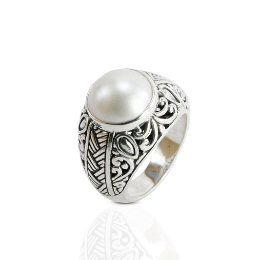 Genuine round mabe pearl ring set in 925 sterling silver decorated with Handmade filigree woven art, 12 mm round mabe pearl wide band ring