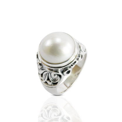 Natural round mabe pearl ring set in 925 sterling silver decorated with Handmade filigree art, 12 mm round mabe pearl wide band ring