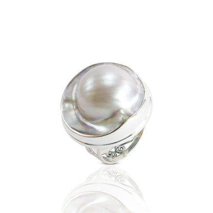 RARE 20 mm genuine BLISTER mabe pearl set in Handmade ring 925 sterling silver, large blister pearl ring bezel set