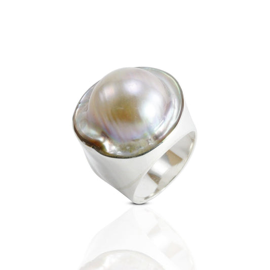 blister mabe pearl set in Handmade ring 925 sterling silver ring, RARE 20 mm blister ring bezel set, box ring with blister