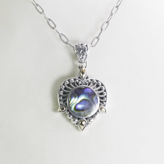 Paua shell necklace pendant set in 925 sterling silver decorated with 18K yellow gold accent and open work filigree