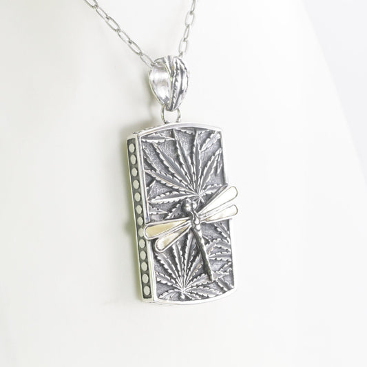 Octagon Pendant necklace 925 sterling silver decorated with 18K gold Dragonfly and Cannabis leaf ornament