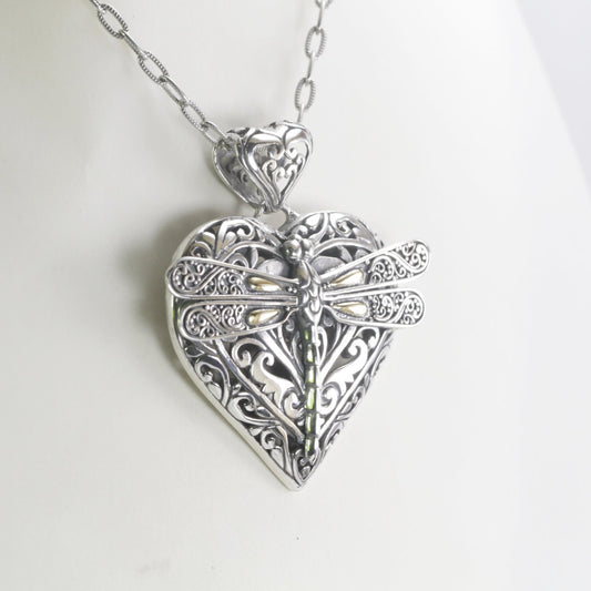 heart pendant necklace 925 sterling silver with beautiful ornament art and 18 K yellow gold dragonfly