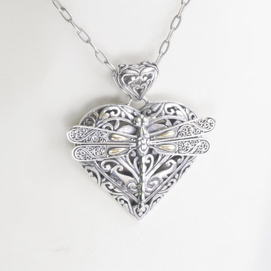 heart pendant necklace 925 sterling silver with beautiful ornament art and 18 K yellow gold dragonfly
