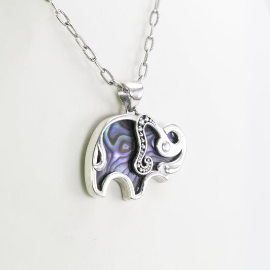 Elephant pendant necklace 925 sterling silver decorated with Abalone shell and filigree art dot