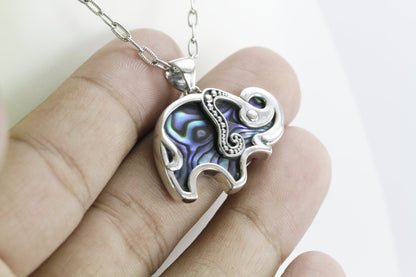 Elephant pendant necklace 925 sterling silver decorated with Abalone shell and filigree art dot