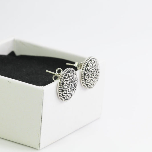 round earrings stud 925 sterling silver decorated with lotus flower ornament filigree art