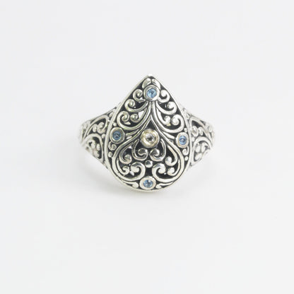 Beautiful Bali handmade Filigree Carving in 925 sterling silver ring decorated with genuine topaz and 18K yellow gold accent