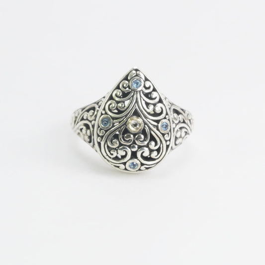 Beautiful Bali handmade Filigree Carving in 925 sterling silver ring decorated with genuine topaz and 18K yellow gold accent