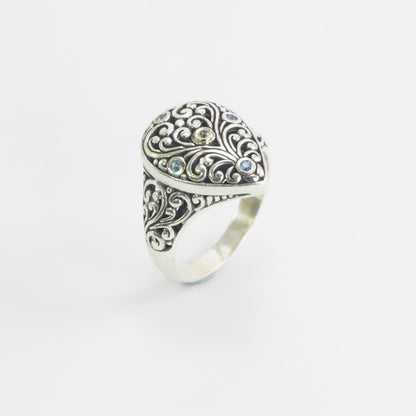 Beautiful Bali handmade Filigree Carving in 925 sterling silver ring decorated with genuine topaz and 18K yellow gold accent