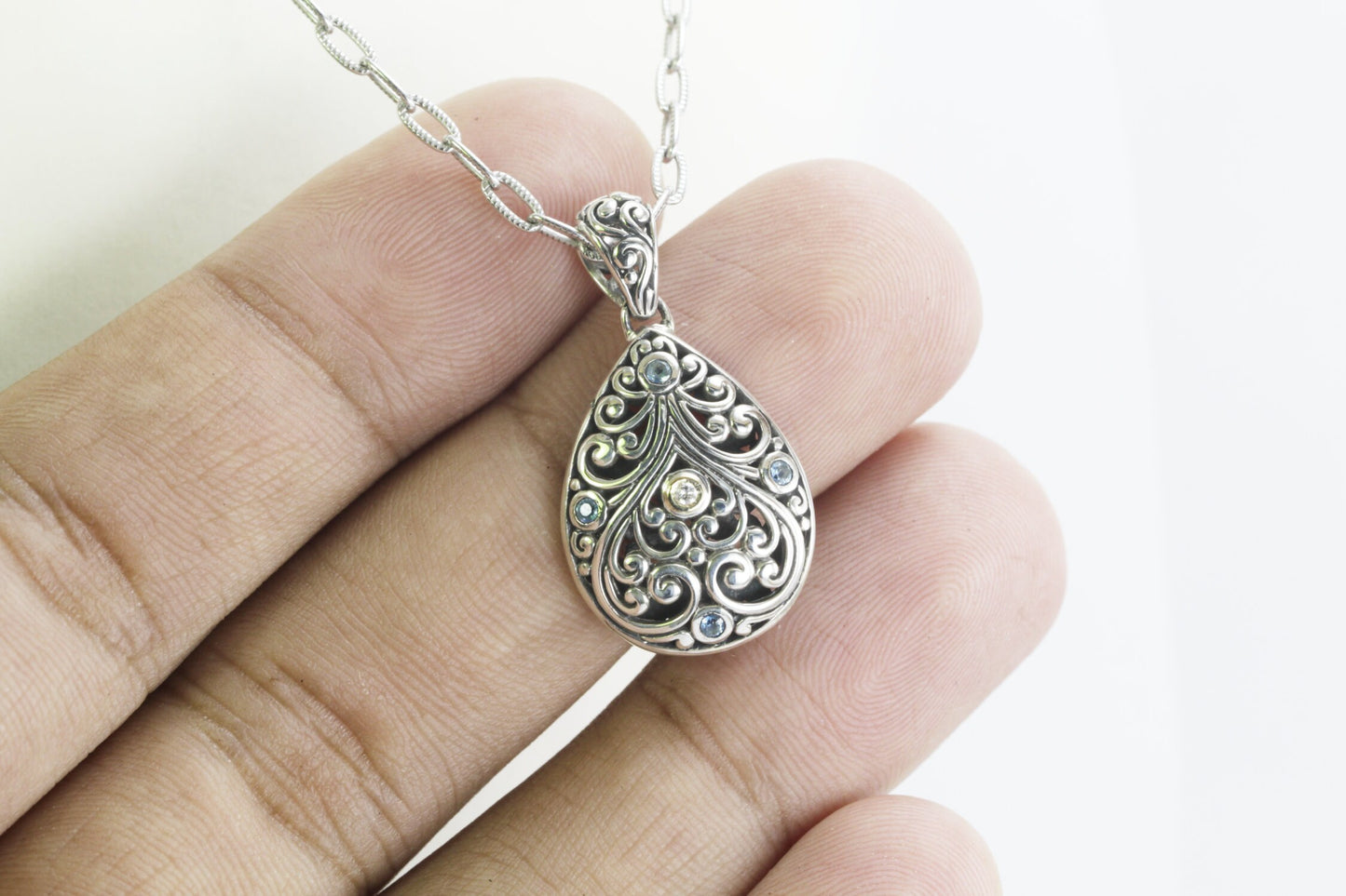 Teardrop pendant necklace 925 sterling silver decorated with filigree ornament , 18K gold accent and genuine round topaz