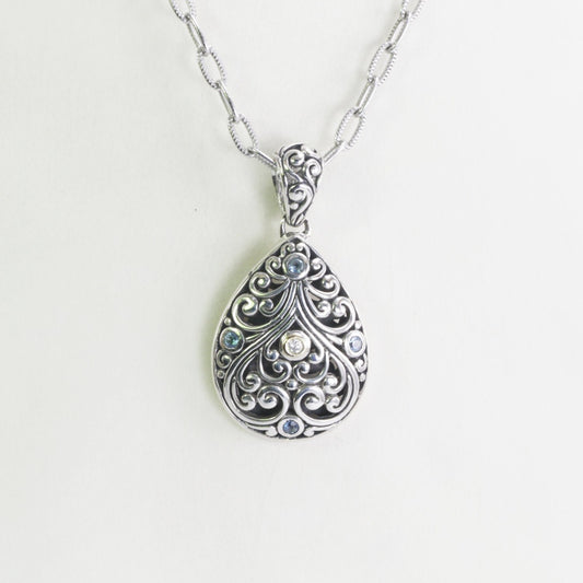 Teardrop pendant necklace 925 sterling silver decorated with filigree ornament , 18K gold accent and genuine round topaz