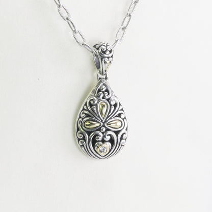 Tear drop pendant necklace 925 sterling silver decorated with 18K gold accent and open work ornament art