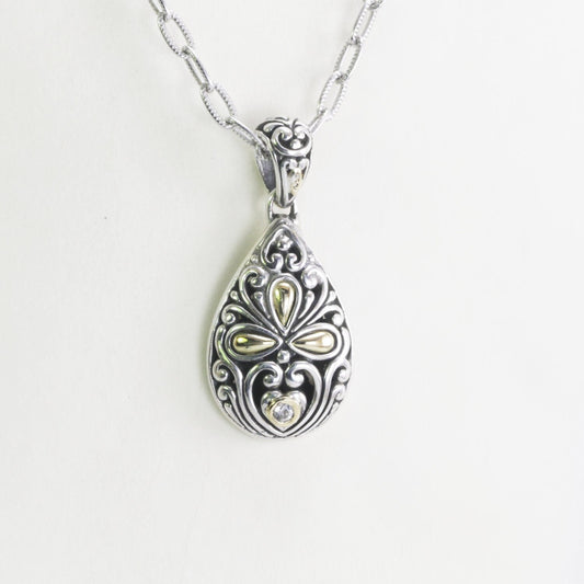 Tear drop pendant necklace 925 sterling silver decorated with 18K gold accent and open work ornament art