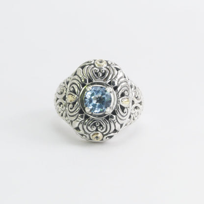 blue topaz ring 925 sterling silver decorated with filigree ornament and 18 K yellow gold