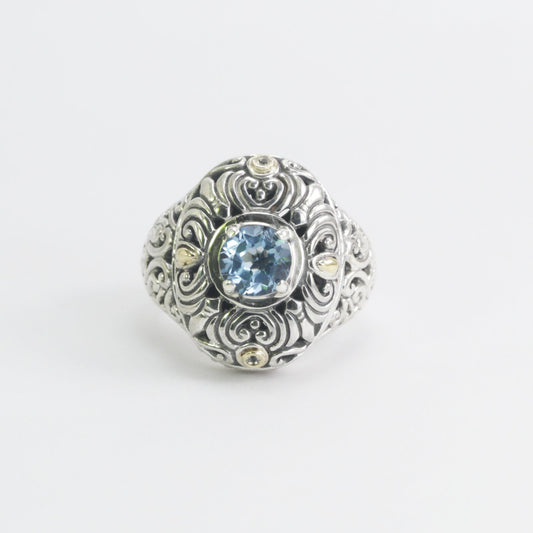 blue topaz ring 925 sterling silver decorated with filigree ornament and 18 K yellow gold