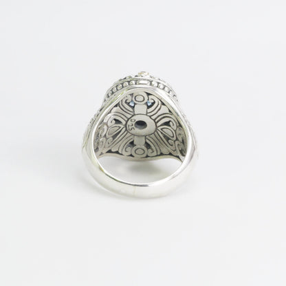 blue topaz ring 925 sterling silver decorated with filigree ornament and 18 K yellow gold