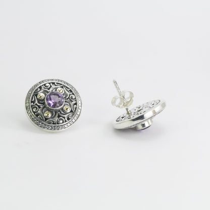 round earrings 925 sterling silver with genuine round amethyst and white topaz pave decorated with filigree ornament, 18 K yellow gold