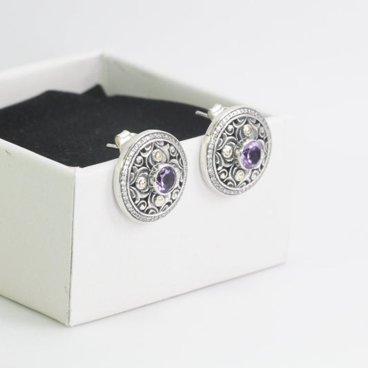 round earrings 925 sterling silver with genuine round amethyst and white topaz pave decorated with filigree ornament, 18 K yellow gold