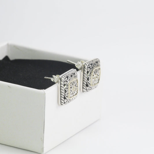 square earrings stud 925 sterling silver decorated with 18K yellow gold accent, silver and gold stud earrings
