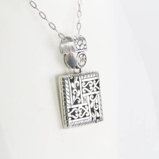 Square pendant necklace decorated with geometrical ornament, real 18K yellow gold dot and white topaz set in 925 sterling silver