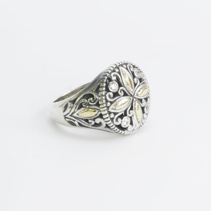 Beautiful silver daisy flower ring with genuine round white topaz decorated with 18k Real Gold set in 925 sterling silver