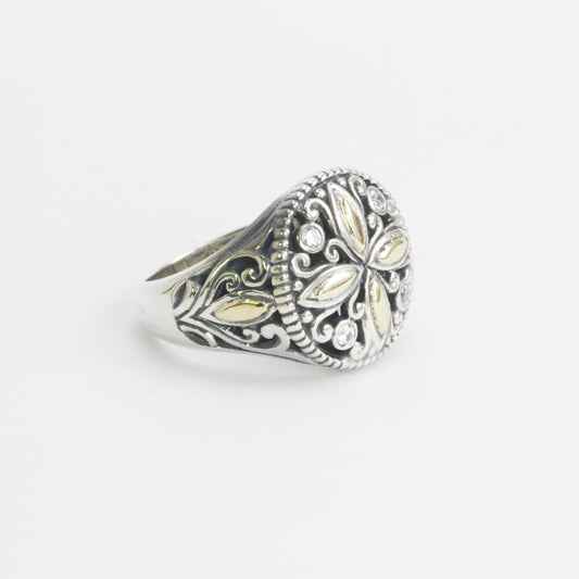 Beautiful silver daisy flower ring with genuine round white topaz decorated with 18k Real Gold set in 925 sterling silver