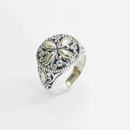 Beautiful silver daisy flower ring with genuine round white topaz decorated with 18k Real Gold set in 925 sterling silver