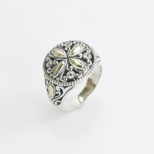 Beautiful silver daisy flower ring with genuine round white topaz decorated with 18k Real Gold set in 925 sterling silver