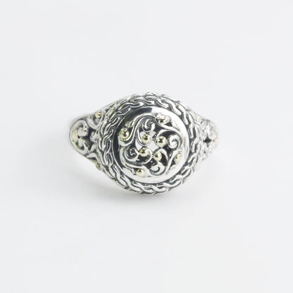 signet ring round 925 sterling silver decorated with open work filigree art and 18K real yellow gold