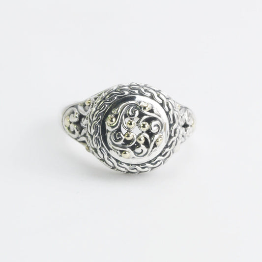 signet ring round 925 sterling silver decorated with open work filigree art and 18K real yellow gold