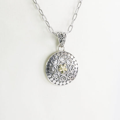 Round pendant necklace 925 sterling silver with frangipani flower filigree art pattern decorated with 18K real yellow Gold