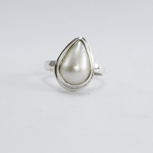 Handmade ring design 925 sterling silver with genuine tear drop shape cultured white mabe pearl, pear shape white mabe pearl ring,