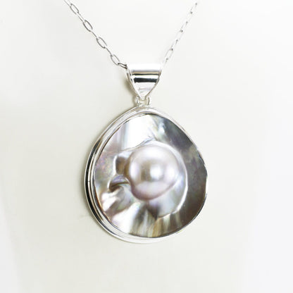 Blister pearl set in 925 sterling silver necklace pendant 43 MM Large from Indonesia