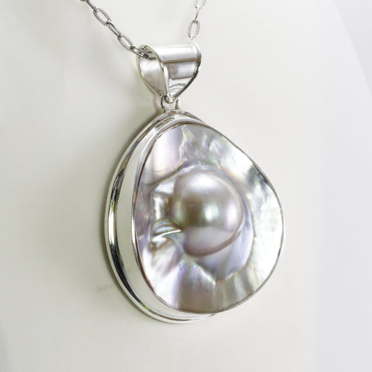 Blister pearl set in 925 sterling silver necklace pendant 43 MM Large from Indonesia