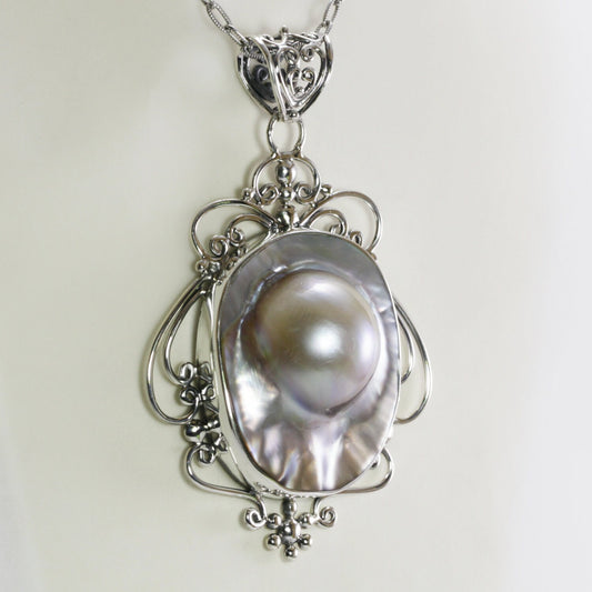 blister pearl pendant necklace 925 sterling silver 29 mm , large pearl pendant