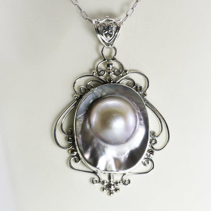 blister pearl pendant necklace 925 sterling silver 29 mm , large pearl pendant